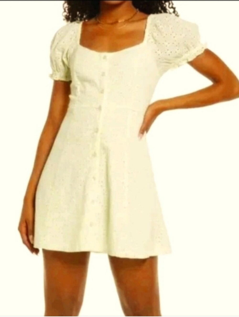 BP Eyelet Mini-Dress, Button Front Puffed Sleeves Lemon Lime Color